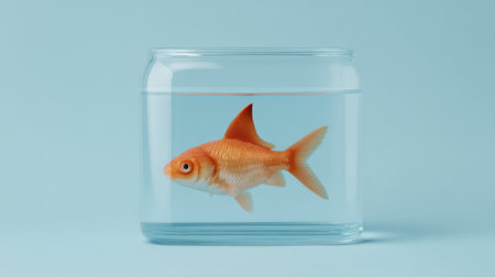 A vibrant goldfish swims gracefully in a clear glass bowl against a soft blue background, creating a serene and tranquil atmosphere perfect for decor and aquatics.の素材