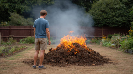 A person observes a large fire burning atop a compost pile in a serene garden setting, where plants thrive and a clear sky enhances the peaceful ambiance.の素材