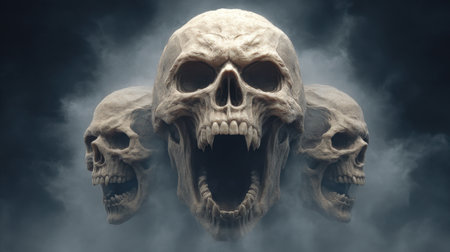 This captivating image features a surreal arrangement of three skulls emitting a chilling energy, set against a dark foggy backdrop, perfect for artistic projects.の素材
