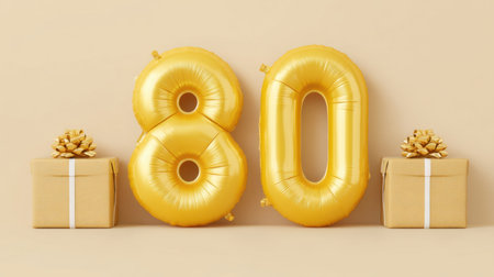 Two shiny golden balloons shaped like the number eighty are placed next to stylishly wrapped gifts adorned with decorative bows, creating a festive atmosphere.の素材