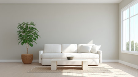 A serene and bright living room showcasing a minimalist style with a white sofa, an indoor plant, and a light-colored wall, perfect for a cozy and inviting home.の素材