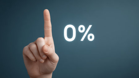 A hand with an upright index finger signifies zero percent, set against a clean background, illustrating themes of minimalism, finance, and data representation.の素材