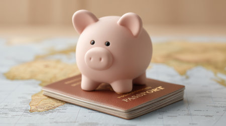 A cute piggy bank resting on a passport, symbolizing the importance of saving and budgeting for travel. Ideal for visualizing financial planning for adventures.の素材