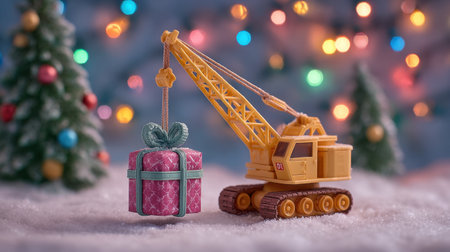 A vibrant toy crane playfully lifts a wrapped gift box amidst a snowy winter backdrop, enhanced by colorful Christmas lights, evoking festive joy and creativity.の素材