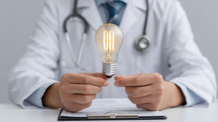 A doctor holds a glowing light bulb, representing innovative ideas and solutions in the healthcare field. This image emphasizes creativity and forward-thinking in medicine.の素材