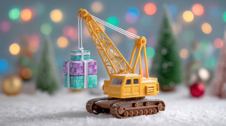 A cheerful scene featuring a miniature yellow crane toy carefully lifting colorful presents, set against a softly blurred festive background with twinkling lights.の素材