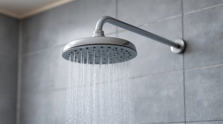 A sleek modern showerhead delivers a gentle water flow in a stylish bathroom setting, featuring elegant tiles that promote a sense of cleanliness and relaxation.の素材