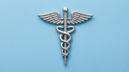 This striking silver caduceus symbol featuring wings against a light blue background embodies the essence of healthcare and professionalism in modern design.の素材