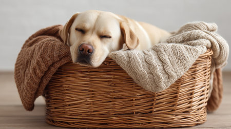 A serene moment captured of a dog resting peacefully in a woven basket, nestled among soft blankets, creating a warm and cozy atmosphere in a bright indoor space.の素材
