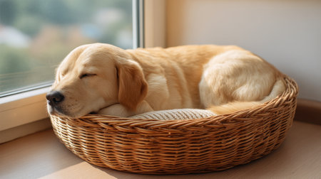 A serene scene of a golden retriever puppy sleeping in a woven basket by a sunlit window, exuding warmth and tranquility in a cozy indoor setting.の素材