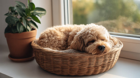 A fluffy dog sleeping soundly in a cozy wicker bed, positioned by a sunny window with a potted plant nearby, creating a tranquil and inviting home atmosphere.の素材