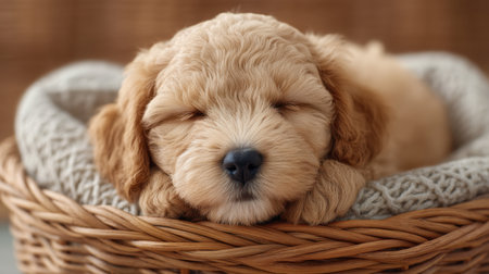 This image features a charming golden puppy peacefully sleeping in a cozy basket, embodying warmth and tranquility, perfect for pet lovers and animal enthusiasts.の素材