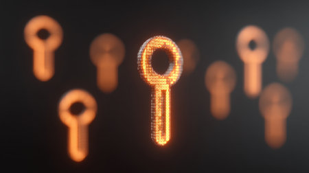 Abstract visual featuring luminous orange keys designed with digital elements. This image represents vital concepts in cybersecurity and data protection in modern technology.の素材
