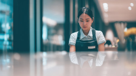 Young female attendant sits thoughtfully in a modern cafe, preparing for service amidst a stylish and serene atmosphere, showcasing professionalism and focus.の素材