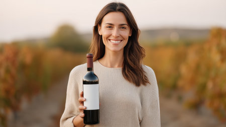 A joyful woman stands in a picturesque vineyard, holding a bottle of wine during the golden hour. The scene captures the essence of relaxation and beauty in nature.の素材
