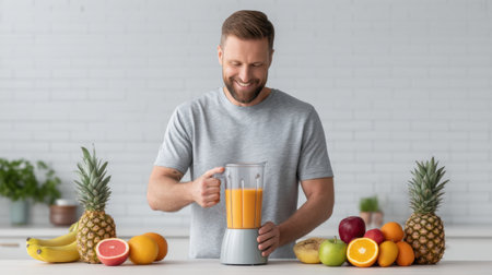 A cheerful man enjoys preparing a healthy smoothie in a bright kitchen, surrounded by colorful fruits. A perfect scene for promoting healthy lifestyles and nutrition.の素材