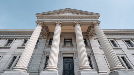 Captivating view of a historic government building featuring tall columns and intricate stonework under a clear blue sky, emphasizing architectural beauty and grandeur.の素材