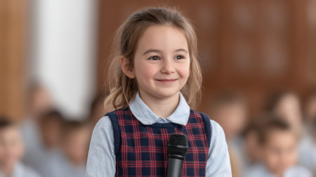 A confident young girl smiles while holding a microphone on stage during a school event. Her expression radiates joy as her classmates engage in the background.の素材