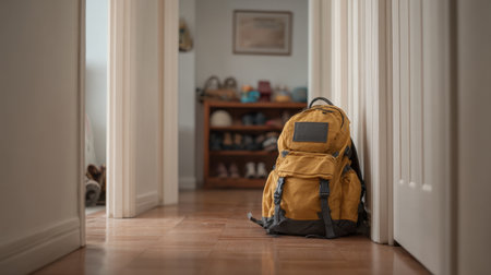 A bright yellow backpack sits on a polished wooden floor in a serene hallway, providing an inviting touch to home decor and an essence of travel readiness.の素材