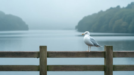 A solitary seagull stands on a wooden fence beside a tranquil lake, enveloped in fog. The lush greenery and misty hills create a serene nature scene.の素材