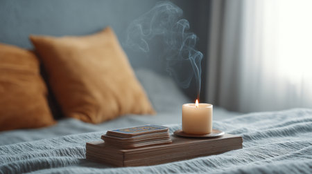 Peaceful bedroom scene featuring a soft blanket and pillows, a burning candle releasing gentle smoke, and tarot cards, creating a serene atmosphere for relaxation.の素材