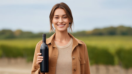 A joyful young woman stands in a lush vineyard, holding a bottle of red wine, radiating happiness and relaxation in a picturesque outdoor setting.の素材