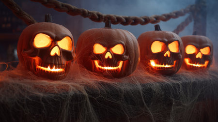 Four uniquely carved Halloween pumpkins with skull designs glow warmly in an atmospheric fog. Perfect for enhancing festive decorations and creating a spooky vibe.の素材