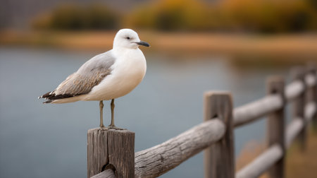 A peaceful seagull stands gracefully on a wooden post near calm waters, surrounded by autumn foliage, showcasing the beauty of nature and wildlife photography.の素材