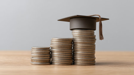 A creative composition featuring stacked coins topped with a graduation cap, representing financial investment in education. Perfect for concepts of learning and success.の素材