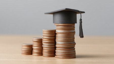 A graduation cap resting on a tower of coins represents the financial commitment of higher education. It emphasizes the importance of saving and smart planning for future success.の素材