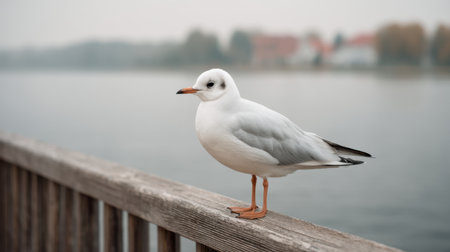 A solitary seagull elegantly stands on a wooden railing, overlooking calm waters and a gentle gray sky, embodying tranquility and the beauty of nature.の素材