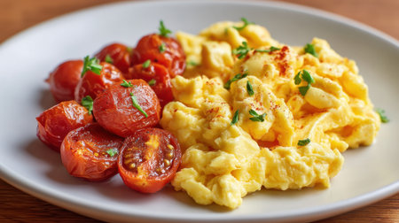 A vibrant plate featuring creamy scrambled eggs accompanied by sweet roasted tomatoes, ideal for breakfast or brunch, showcasing fresh ingredients and inviting colors.の素材