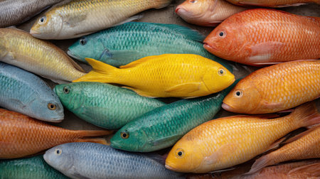 An eye-catching arrangement of colorful fresh fish showcases vibrant shades of yellow, green, blue, and orange, perfect for depicting marine abundance and culinary delight.の素材