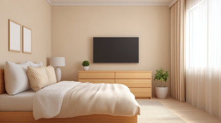 A beautifully designed modern minimalist bedroom featuring wooden furniture, soft bedding, and a warm color palette that invites relaxation and comfort, illuminated by natural light.の素材