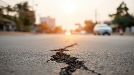 A close-up view of a cracked asphalt road with a sunset backdrop, showcasing the impact of natural disasters on urban environments and road safety.の素材