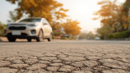 A captivating close-up of cracked asphalt pavement revealing texture details, complemented by a white vehicle and radiant autumn trees in the soft evening light.の素材