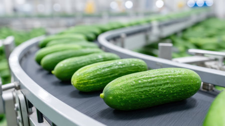Fresh cucumbers are sorted on a high-tech conveyor belt in an agricultural facility, highlighting modern techniques in vegetable production and emphasizing quality and sustainability.の素材
