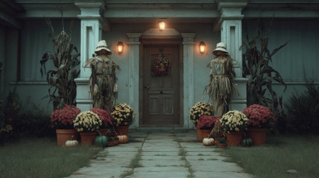 A cozy autumn entrance showcases scarecrows, colorful flowers, and decorative pumpkins. This peaceful scene invites warmth and seasonal charm at dusk.の素材