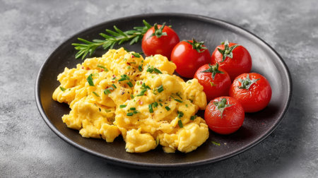 A plate featuring creamy scrambled eggs alongside roasted cherry tomatoes, garnished with fresh rosemary, showcasing a delicious and nutritious breakfast option.の素材