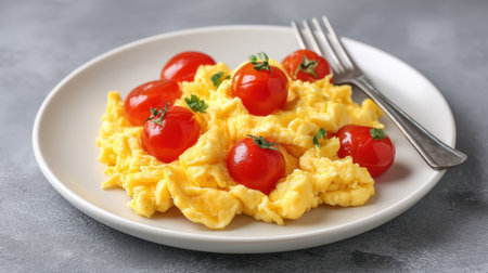 A delightful plate of creamy scrambled eggs topped with fresh cherry tomatoes, perfect for a comforting breakfast or brunch moment with a touch of freshness.の素材