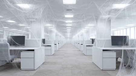 An abandoned office space shrouded in spider webs evokes a sense of eeriness and neglect. The clean white desks and computers reflect a haunting yet artistic atmosphere.の素材