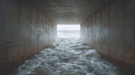 This compelling image captures the dynamic flow of water through a concrete tunnel, with waves crashing and natural light filtering in, evoking a sense of adventure.の素材
