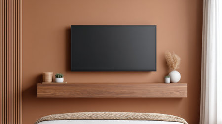 A stylish modern living room featuring a mounted television above a wooden shelf, complemented by decorative plants and soft textiles, creating a warm and inviting atmosphere.の素材