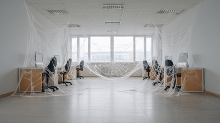 This image captures an abandoned office space featuring desks covered in cobwebs and empty workstations, evoking feelings of neglect and isolation in a modern environment.の素材
