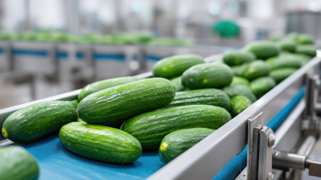 A close-up view of fresh cucumbers moving along a conveyor belt in a modern packing facility, showcasing the efficient process of vegetable distribution and inspection.の素材