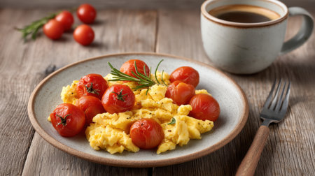 This captivating image features fluffy scrambled eggs paired with juicy cherry tomatoes, garnished with rosemary, complemented by a coffee mug on a rustic wooden table.の素材