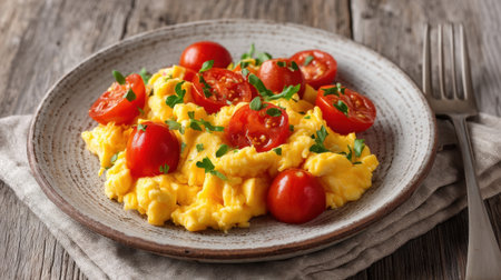 Enjoy a plate of creamy scrambled eggs topped with vibrant cherry tomatoes and fresh herbs, perfect for a healthy breakfast. Simple and flavorful presentation.の素材
