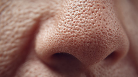 This detailed macro image captures the unique texture of human skin on a nose, showcasing pores and imperfections essential for dermatological analysis and beauty discussions.の素材