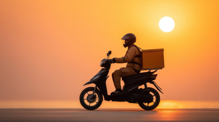 A delivery rider on a scooter travels during a picturesque sunset, showcasing the blend of urban life and nature. The warm colors create an inspiring backdrop.の素材