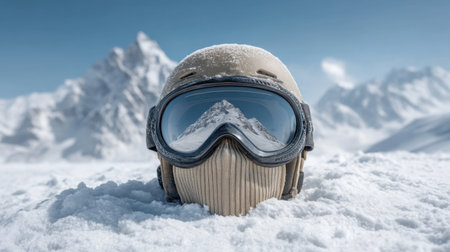 A ski mask and goggles lie in untouched snow, framed by a stunning mountain range under a brilliant blue sky, highlighting the essence of winter adventure and exploration.の素材